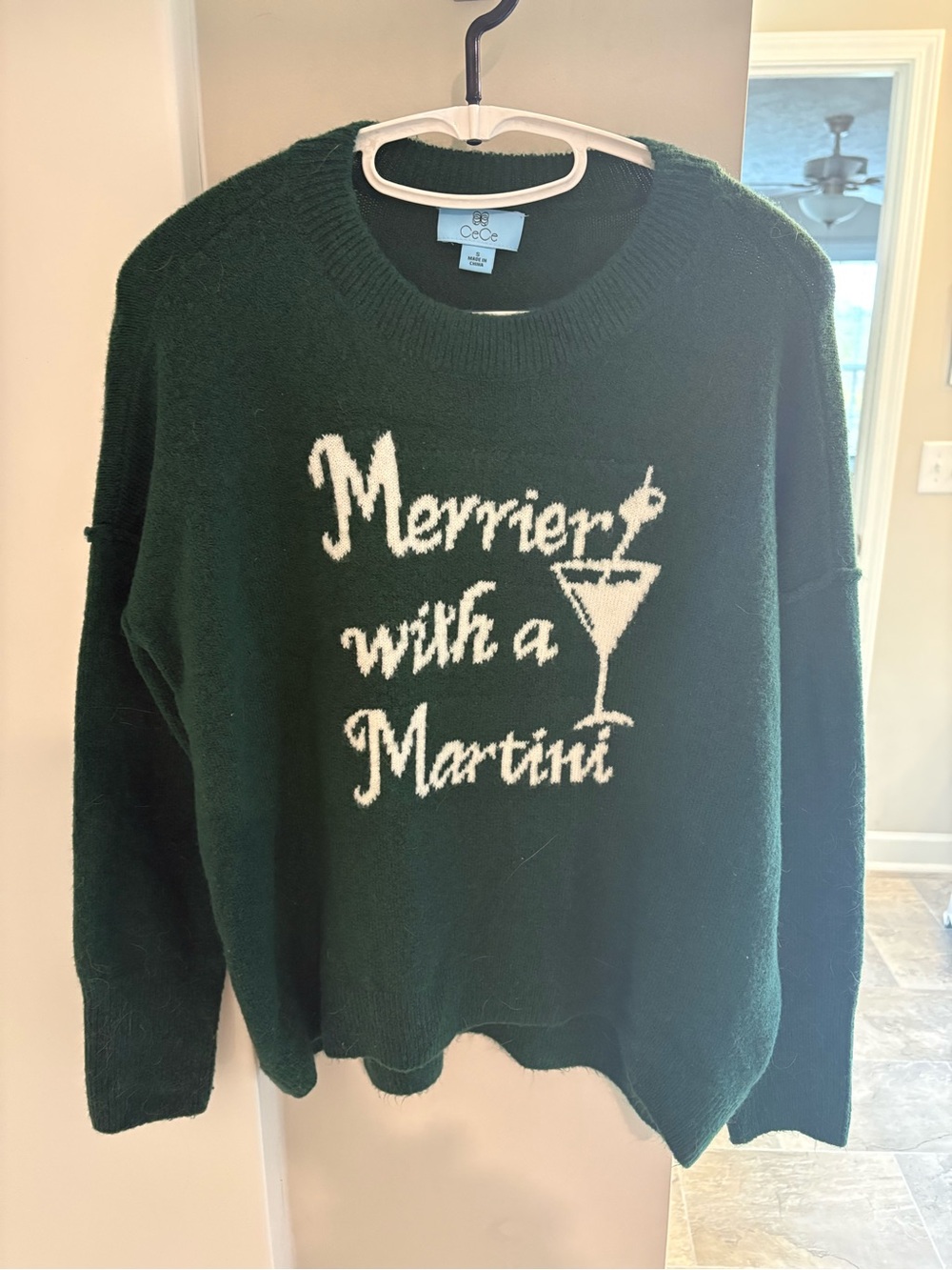 CeCe Forest Green Crewneck Sweater with White Holiday Script